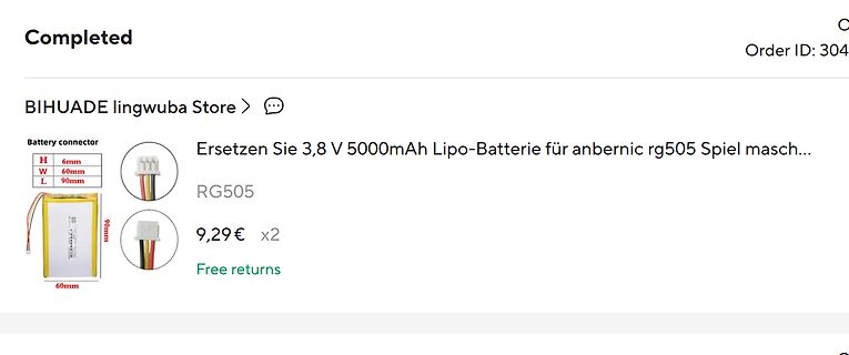 Online-Bestellbestätigung einer Lipo-Batterie