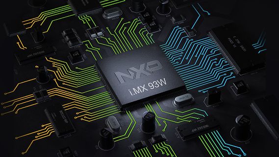 3D-CAD-Darstellung eines i.MX 93W Mikrocontrollers auf Leiterplatte