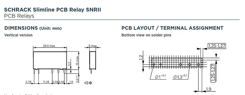 Datenblatt Abmessungen und PCB Layout eines Slimline PCB Relais