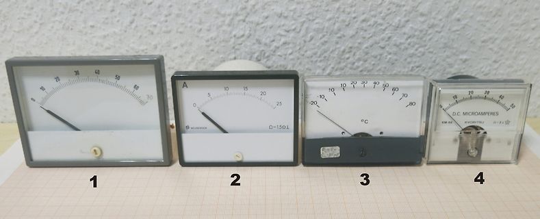 Vier analoge Messinstrumente nebeneinander