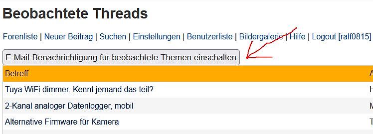 Screenshot eines Internetforums mit beobachteten Threads