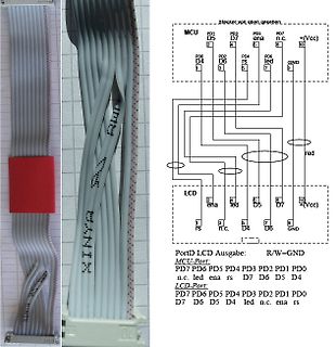 Foto eines Flachbandkabels und Anschlussdiagramm LCD an MCU