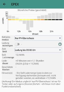 Screenshot einer App mit Strompreisdiagramm und Ladeeinstellungen
