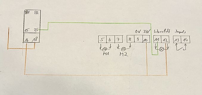 Handgezeichneter Schaltplan mit Klemmen und Motoren