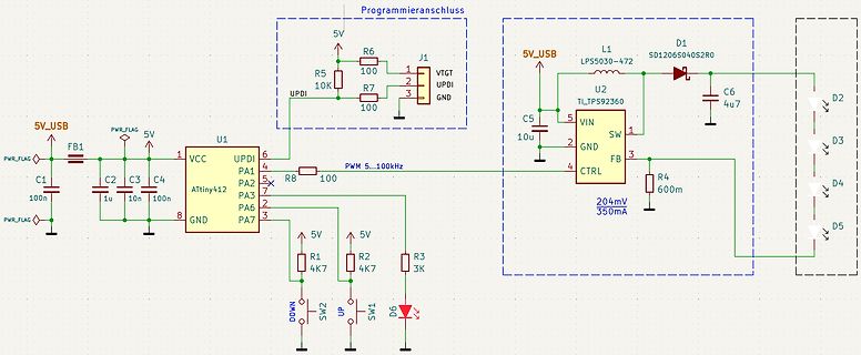 Schaltplan mit ATtiny412 Mikrocontroller und Spannungsregler
