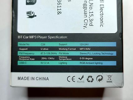 Verpackung eines BT Car MP3 Players mit Spezifikationen
