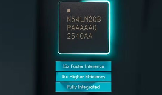 Werbevisualisierung eines KI-Chips mit Leistungsdaten