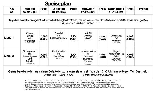 Speiseplan für die Kalenderwoche 51