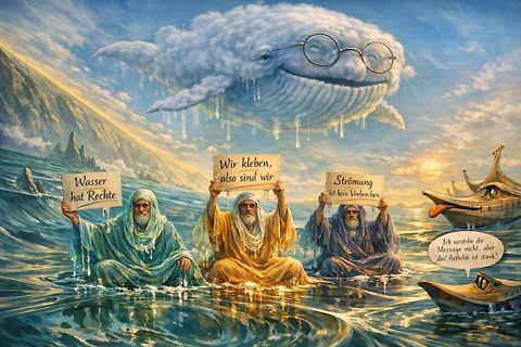 Surreales Meme mit Wolkenwal und Männern im Wasser