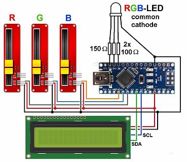 Schaltplan mit RGB-LED, Arduino und LCD-Display