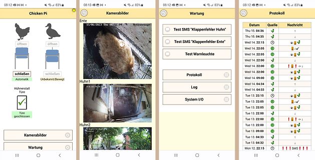 Screenshots einer Smartphone-App zur Hühnerstall-Überwachung