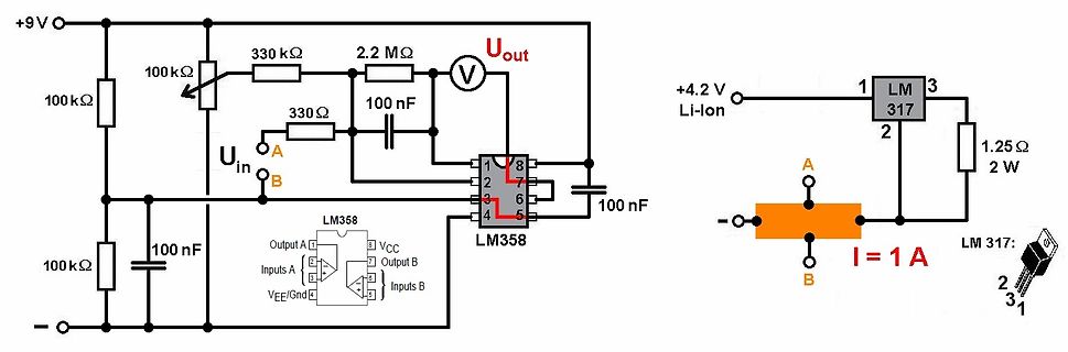 Schaltpläne eines LM358 Operationsverstärkers und eines LM317 Spannungsreglers