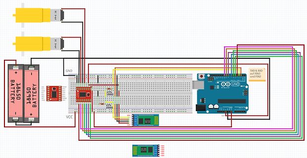Fritzing-Darstellung eines Arduino-Aufbaus mit Sensoren und Batterien