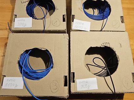 Vier Kartons mit blauen Kabelrollen und Gewichtsangaben