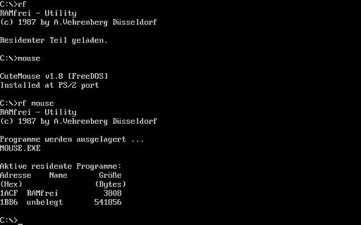 DOS-Bildschirm mit RAMfrei Utility und Mouse Treiber