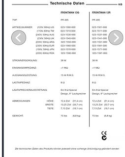 Technische Daten der Frontman 15G und 15R Lautsprecher