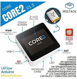 Produktfoto M5Stack Core2 V1.3 mit Spezifikationen