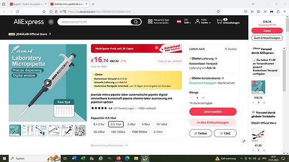 AliExpress Produktseite einer Labor-Mikropipette