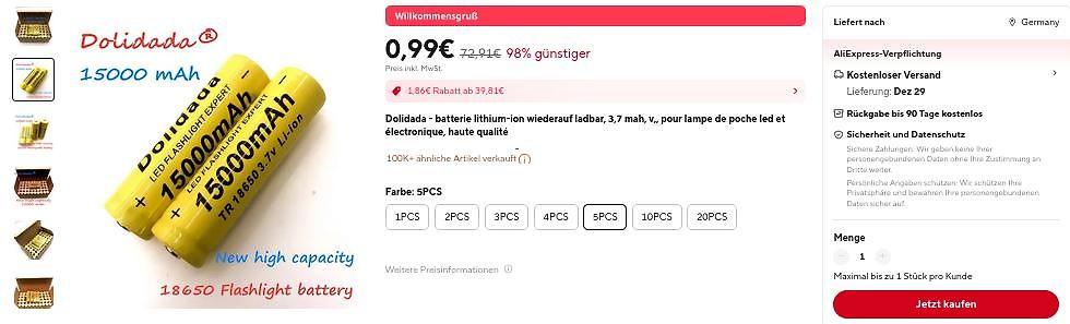 Screenshot eines Online-Shops für 18650 Akkus