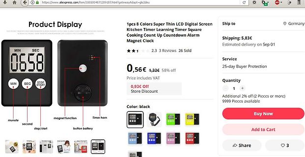 Screenshot eines Online-Shops für einen Küchen-Timer