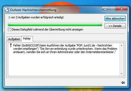 Outlook Fehlermeldung bei Nachrichtenübermittlung