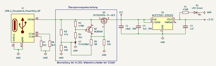 Schaltplan einer Überspannungsabschaltung mit USB-C