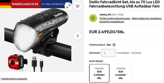 Screenshot eines Online-Shops für ein Fahrradlicht-Set