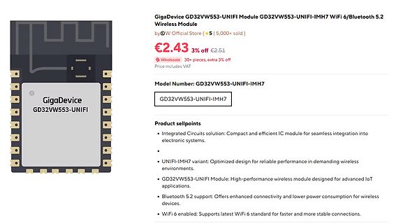 Produktseite eines GigaDevice WiFi/Bluetooth Moduls