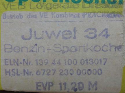 Etikett eines Benzin-Spartkoches
