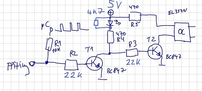 Handgezeichneter Schaltplan mit Transistoren und LED