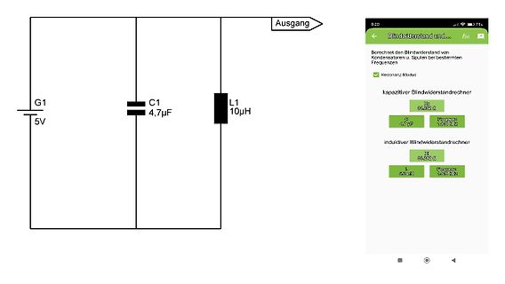 Schaltplan und Screenshot einer Blindwiderstandrechner-App