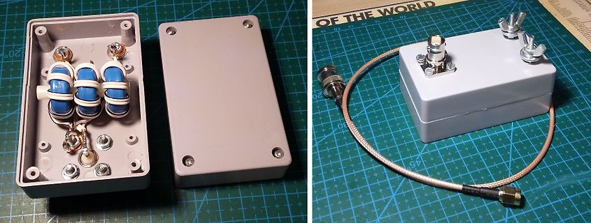 Gehäuse mit Spulen und fertiges Gerät mit Kabel