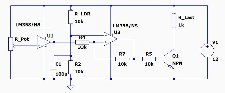 Schaltplan einer Transistor-Verstärkerschaltung mit LM358