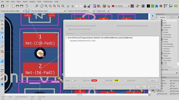 PCB-Layout-Software mit DRC-Fehlermeldung