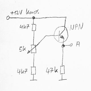 Handgezeichneter Schaltplan mit NPN-Transistor und Potentiometer