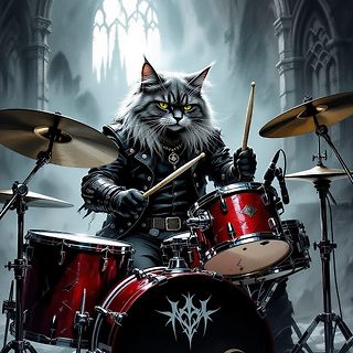 Anthropomorpher Kater als Schlagzeuger
