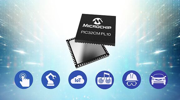 Microchip PIC32CM PL10 Chip mit Anwendungsikonen