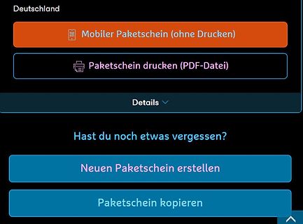 Screenshot einer Webseite mit Paketversand-Optionen