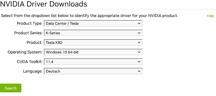 NVIDIA Treiber Download-Seite