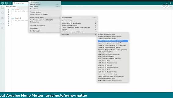 Arduino IDE Board Manager Menü mit Arduino Nano Matter