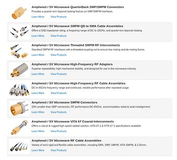 Produktliste von Amphenol SV Microwave Steckverbindern