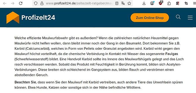 Website-Text über Maulwurfabwehr mit Karbid