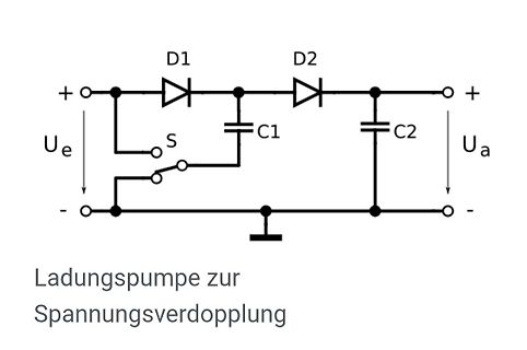 Schaltplan einer Ladungspumpe zur Spannungsverdopplung