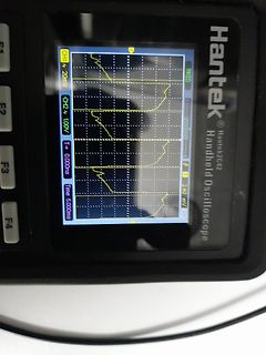 Abfotografiertes Hantek Handheld Oszilloskop mit Wellenformen