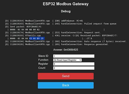Debug-Log und Interface eines ESP32 Modbus Gateways