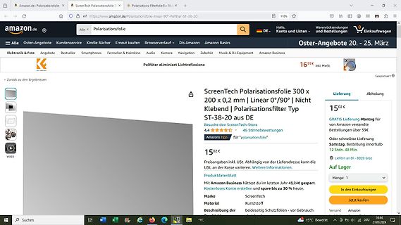 Amazon-Produktseite für ScreenTech Polarisationsfolie