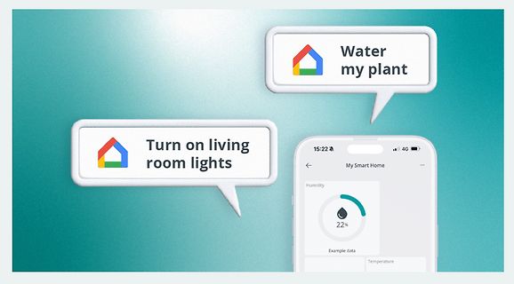 Grafik von Smart Home Sprachbefehlen und App-Interface