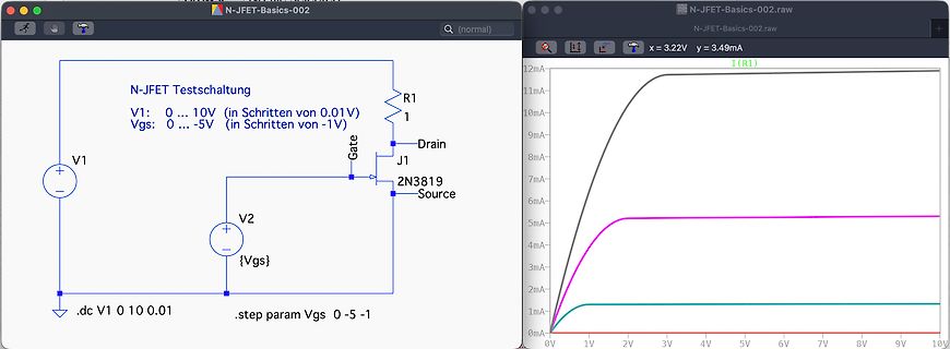 LTspice Schaltplan und Kennlinien eines N-JFET