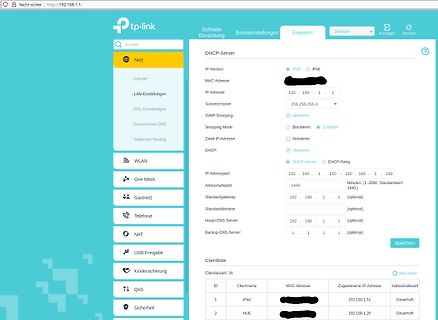 Webinterface eines TP-Link Routers DHCP-Einstellungen