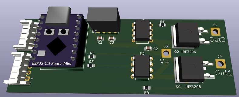 3D-CAD-Ansicht einer Leiterplatte mit ESP32 C3 Super Mini